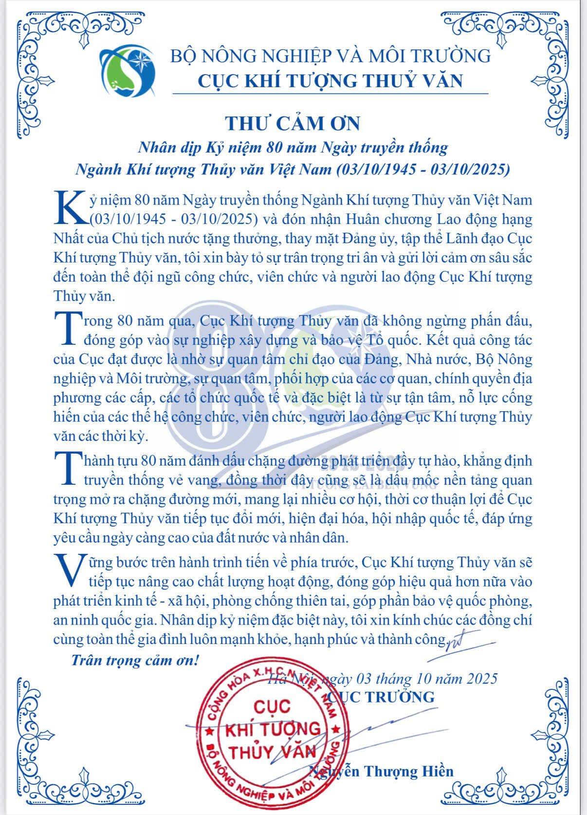 Thư cảm ơn nhân dịp 80 năm Ngày truyền thống Ngành Khí tượng Thủy văn Việt Nam 